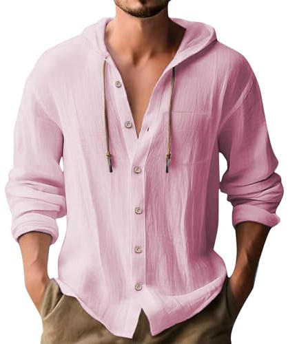 DENGJIAMY Sweat à capuche d'été pour homme uni plage vacances cordon de serrage T-shirt à manches longues décontracté solide boutonné chemise à capuche pour hommes vêtements