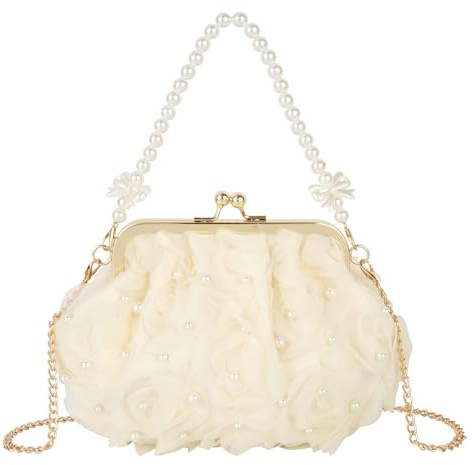 Pandalein Borsa da donna con fiori e pochette in seta, da sera, da sposa, con manico, per matrimoni, balli e feste, 00070 beige