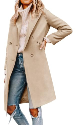 Cicy Bell Damen Mantel mit gekerbtem Reverskragen, zweireihig, Erbsenmantel, Wintermantel, Wollmischung, lange Jacken, Hellkhaki, M