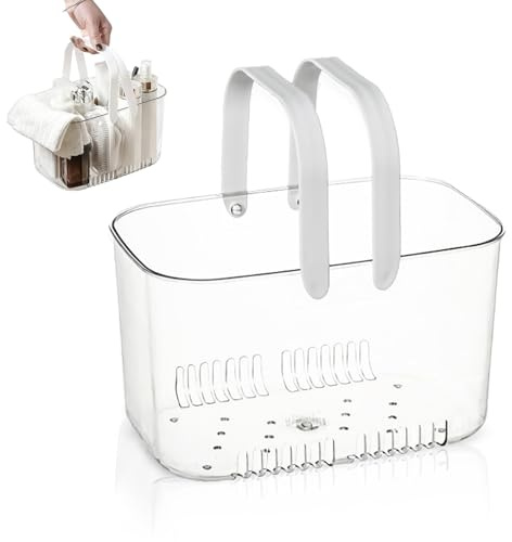 Frdhee Organizador de Limpieza Portátil, Organizador con Asa, Cesta Pequeña para Ducha, Cesta de Ducha de Plástico Transparente, Organizador de Artículos de Aseo para Inodoro o Baño (Blanco)