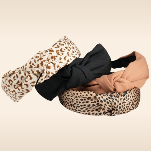 Lot de 4 bandeaux pour femme antidérapants – serre-têtes larges à nœud tendance, motifs léopard et couleurs unies – accessoires cheveux confortables et élégants pour coiffures quotidiennes
