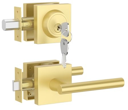 Asidrama Heavy Duty Brushed Gold Front Door Lock Set: Double Cylinder Deadbolt, Zinc-Alloy Security Handleset for Left/Right Exterior Doors, Universal Entry Locks (2 Pack)