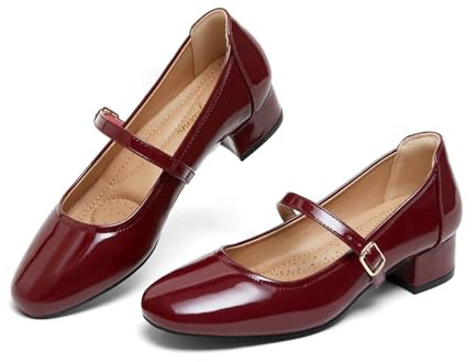 Hingswink Mary Jane Shoes - Décolleté con tacco basso, 5,1 cm, con cinturino alla caviglia regolabile, Shinny Winered, 37 EU