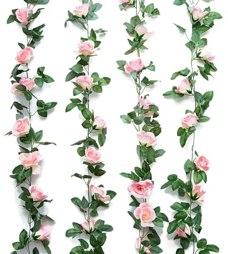 4PCS Artificial Flower Garlands, 28.8ft Silk Rose Vine Garland with 64 Flowers, Spring Garland, Pink Flower Garland for Wedding Party Background Arch Garden and Home Decor(Pink)