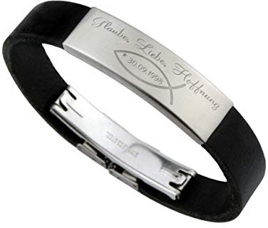 Tinasfunshop Glaube Armband Gravur Liebe Hoffung Kommunion Konfirmation Fisch Edelstahl Leder