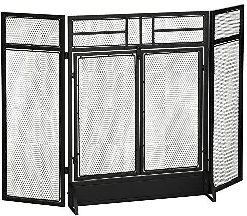 HOMCOM Pantalla Protectora de Chimenea 3 Paneles 120x11,5x79 cm Negro | Salvachispas Plegable, con Doble Puerta, Pies Adicionales, Estructura de Metal