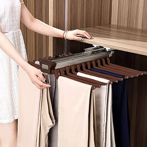 Nisorpa Pull Out Trousers Hanger, Extendable Trouser Hanger 22 Arms Pants Rack Pants Holder Pull Out Clothes Rail Space Saving Wardrobe Organizer Pull Out Trouser Rack, Brown