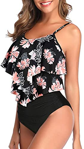 Genfien Damen Badeanzug Rüschen Zweiteilige High Waist Bikini mit Hoher Taille Bademode Volant Bedruckt Badeanzug