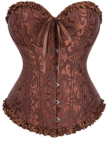 DISSA Damen Overbust Korsett Rüschenbesatz Vintage,Braun,38