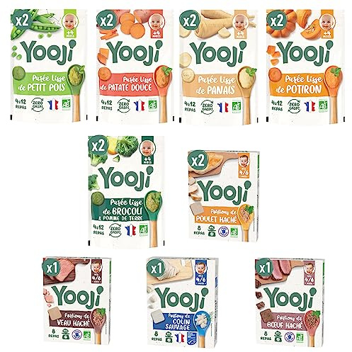Yooji - 40 Repas Spécial diversification alimentaire dès 4 à 6 mois - Purées lisses de légumes bio et hachés de viandes et poissons