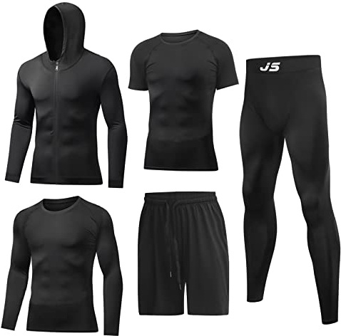 JULY'S SÅG Träningsset för män 5 delar torra snabba gymkläder med t-shirt linne shorts byxor jacka atletisk kompressionskläder för honom svart.., Svart, L