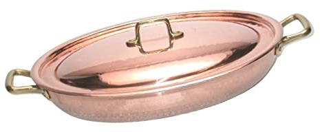 CREARTISTIC Casserole basse en cuivre pur étamé avec couvercle - 37 x 26 cm h 6,5 cm x 3,3 L, avec 2 poignées en laiton de 4 cm, casserole pour servir - Fabrication artisanale - Fabriqué en Italie