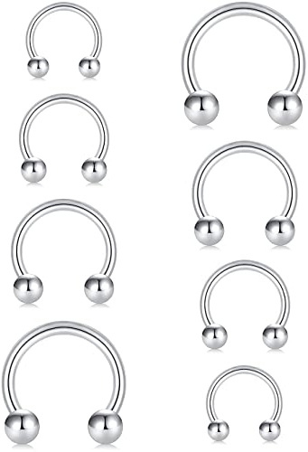 KOMUNJ 4 paires de piercing en forme de fer à cheval pour le nez, piercing septum, anneau, 16G 6/8/10/12mm pour piercing des lèvres, tragus, hélix, oreille, bijoux (argent)