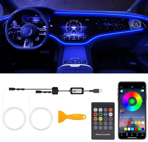 Interior Car LED Strip Lights with Wireless APP & Remote Control, RGB 2 in 1 Car Ambient Lighting Kit with 158 Inches Fiber Optic, Inside Neon Dash Strip with Music Mode