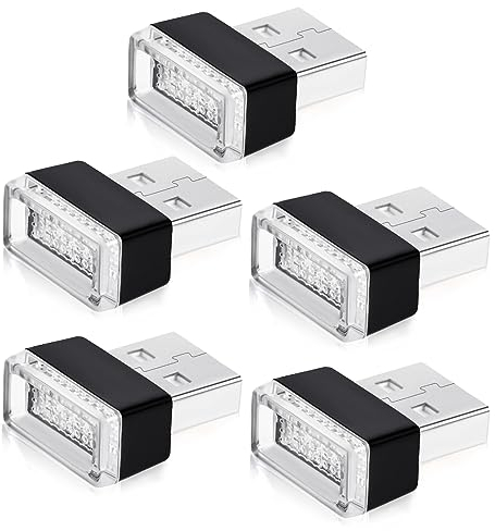 URAQT USB Car Ambient LED Light Kit - 5 Piece White Interior Lighting for Laptops, USB Sockets and Vehicle Decoration