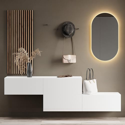 Planetmöbel Flur Möbel Garderobe 2X 140cm weiß | Wandpaneel 50cm Gold Eiche/Anthrazit mit Spiegel 50cm (ohne LED), Wandgarderobe 32,5H x 140B x 37,8T cm