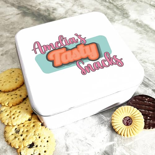 Square Colourful Retro Vintage Tasty Snacks Personalised Snack Tin Personalised Gift | Custom Gift | Personalized Tin | Cake, Biscuit & Treat Tins | Gift For Her | Gift For Him