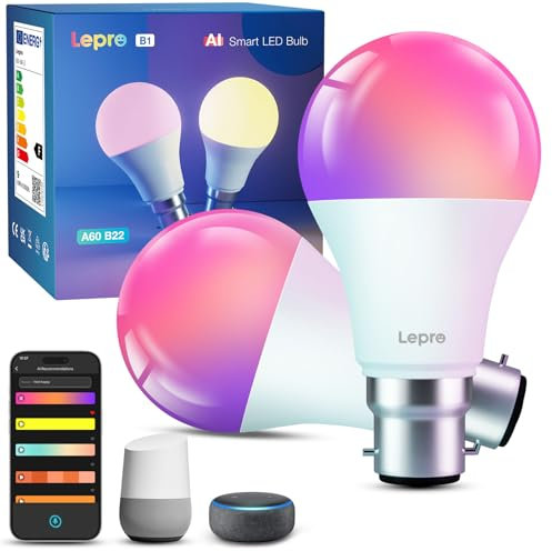 Lepro B1 AI Smart Bulb Bayonet, Bluetooth Colour Changing Bulbs, Music Sync, AI Generated Lighting, Built-in Voice Control Via App, 8.5W 60W Equivalent, RGBCCT Dimmable LED Bulb, 2 Packs