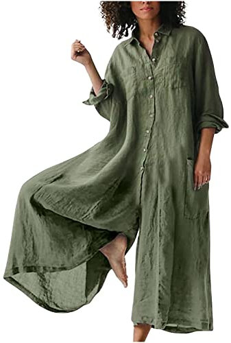 AMhomely Jumpsuit mit weitem Bein, für Damen, Party, Baumwoll-Leinen, Latzhose, Übergröße, lässige Strampler, Hose mit Tasche, Knopfleiste, Arbeits-Overall, weites Bein, Palysuits, zum Ausgehen, kurze