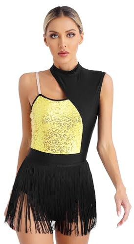 Agoky Damen Kurzarm Ballettanzug Ballett Trikot Strasssteine Tanz-Body Flapper Fransen Kleid Eiskunstlauf Bekleidung Gold I M