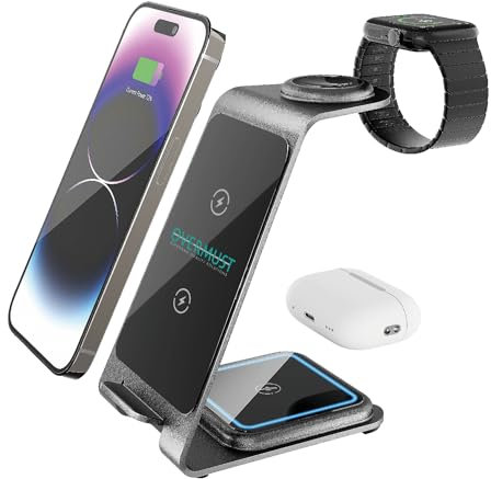 OVERMUST - Caricatore Wireless 3 in 1, Ricarica Magnetica per iPhone, Samsung, AirPods, Apple Watch, Compatibilità Universale, Design Compatto, Ventilazione Efficiente
