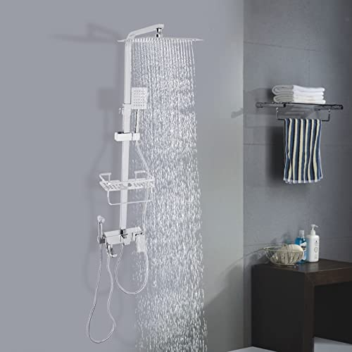 Duschsystem mit Thermostat Duscharmatur Schwarz/Silber Regendusche Duschset Brausegarnitur mit 4 Funktionen, Duschpaneel aus Edelstahl mit Mischbatterie (Silber)