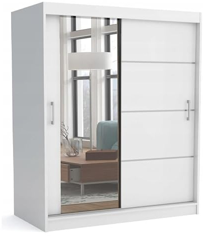 Brent - Kleiderschrank mit Spiegel 160cm Breit Windsor Tomy I Schlafzimmerschrank mit 2 Kleiderstänger und Einlegeböden für Kleidung I Kleiderschrank Weiß