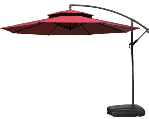 HESHEQ Sonnenschirm Garten Balkon Ampelschirm Knickbar Alu Rund Windsicherung mit Kurbel zum Öffnen/Schließen mit Sockel for Balkon,Garten,Terrasse Beige(Color:Red,Size:300cm)