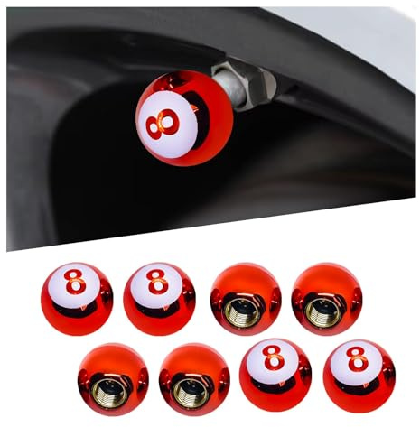 8 PCS Car Tire Valve Caps, Pool 8 Ball Wheel Valve Stem Covers with Rubber Ring, Corrosion Resistant Airtight Tyre Dust Caps, Universal Stem Covers for Car, Truck, Bicycle, SUV (Red)
