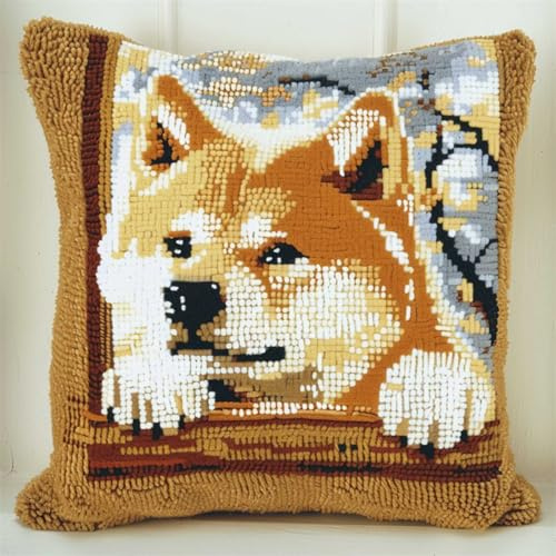 RKFLGEW DIY knüpfen set erwachsene Karikatur，Akita，Hund knüpfkissen Hund Tier Knüpfset für Kissen，DIY，handgefertigtes Kissen，Häkelgarn，Stickerei，Knüpfset für Kissenbezüge 43x43cm