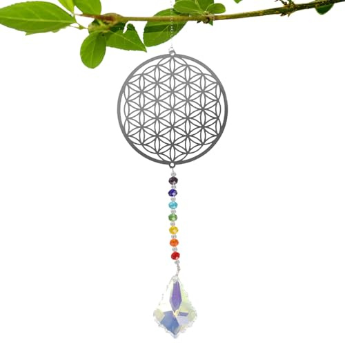 Kristall Regenbogen Sonnenfänger, Metall Blume des Lebens, Glas Prisma Ornament zum Aufhängen für Fenster, Sonnenfänger Aus Fensterkristall Auto-dekor Deckenlampe Ornamente