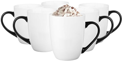 Glasmark KROSNO 1992 Juego De 6 Tazas De Café De Cerámica 300 ml Desayuno Mugs Blanco Con Mango Negro Aptas Para Lavavajillas Bruno