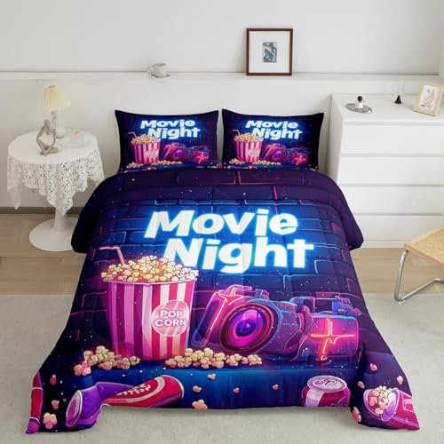 Homemissing Movie Night Reversible Bedding Set Movie Theater Comforter Set for Kids Boys Girls Teens Cinema Popcorn Down Comforter Double Old Fashion Home Theater Duvet Insert/Quilt Set 3Pcs