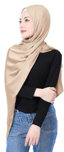 PeacePray Luxury Silky Satin Hijab for Women, Shimmer Crinkle Muslim Head Scarf, Graceful Feminine Charm, Champagne