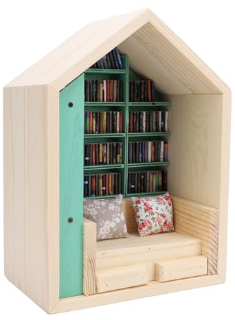 Kit Casetta per Libreria in Legno con 200 Libri e 2 Cuscini, Mini Casa Realizzata a Mano per la Decorazione della Casa, Kit per Angolo Libro in Miniatura per Camera, Studio,