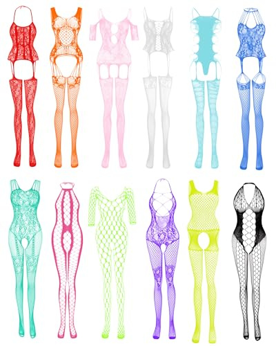 Damen Fischnetz Bodys Dessous Nachtwäsche Spitze Strümpfe Blumen für Romantische Datum Tragen Reizwäsche (12Pack)