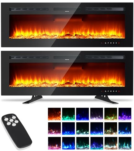 Electric Fireplace 50inch/127cm,Wall Mounted electric fire with Remote Control,12 Realistic 3D Flame Colors,2 Heat Settings 900/1800W,Adjustable Flame Brightness,with Touch Screen Control