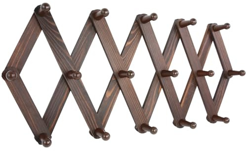 AMAPON Expandable Coat Rack Accordion Wood Wall Hanger 16 Pegs Hook Hang Hat Cap Coffee Mug Towels Leash Scarf Umbrella Bag (Dark Walnut)