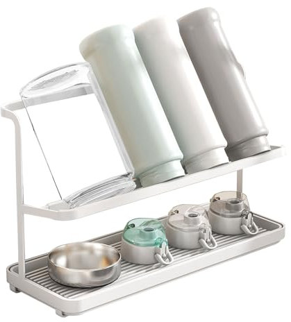 Longzhuo Égouttoir à Bouteilles en Acier au Carbone – Égouttoir Vaisselle 2 Niveaux avec Plateaux inclinés, pour Bouteilles Sodastream, Tasses, biberons, Verres – Antidérapant, Compact, Blanc