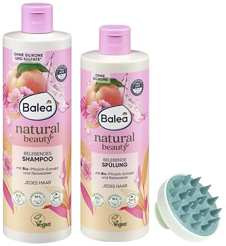 Balea Natural Beauty Belebendes Shampoo & Conditioner Set – Mit Bio-Pfirsich-Extrakt & Reiswasser +Kopfhaut Massagebürste für Haarwachstum und Blutzirkulation