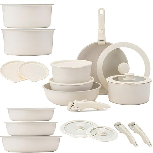 Gourmetific Cookware Set, 11/15 Piece Gourmetific Cookware Detachable Handle Set, for Kitchen (Cream,11 Pcs)