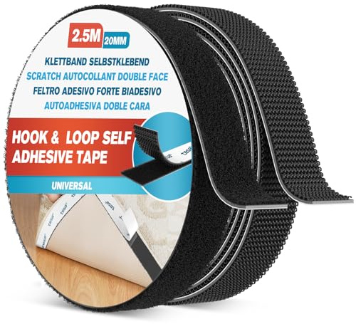 EMITEVER Scratch Autocollant Double Face, Hook & Loop Auto-Adhésif à Crochets Et Boucles, Ruban Adhésif Puissant Pour Décoration De Pièce, Maison, Bureau, Voiture (Noir, 2.5mX20mm)