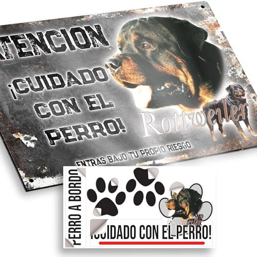 Rottweiler Cartel de Cuidado con el Perro 20x12,5cm - Diseño Vintage Dibond con Pegatina Coche Premium 20x5cm