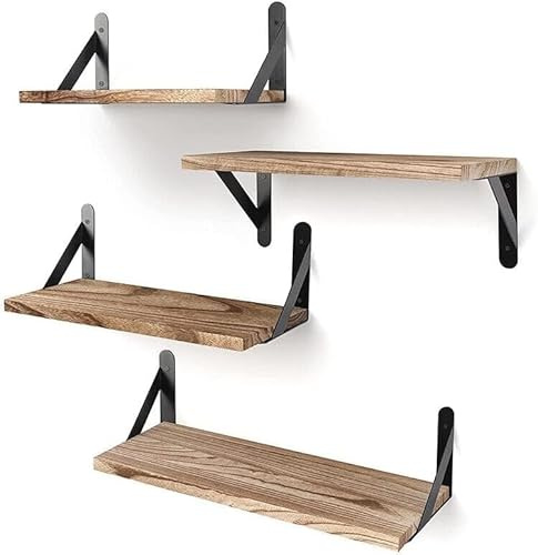 JF HOME BLISS Floating Shelves Set of 4- Wood Wall Mounted Shelves for Bedroom, Bathroom & Living Room | Rustic Wooden Wall Shelves with Metal Brackets | Easy Install
