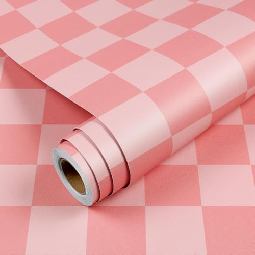 YENHOME Papier Peint Adhesif Damier Rose 44.5x300cm Papier Peint Autocollant Mural Rose Géométrique pour Chambre de Fille Salon Film Adhesif pour Meubles à Motif Damier Sticker Porte Placard
