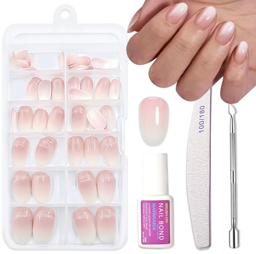 120PCS Short Oval False Nails - Ombre Press on Nails Set - Nude Fake nails with Glue - 12 Sizes Stick on Nails for Women - Removable Glue on nails - Full Cover Acrylic Nail Tips Long Lasting for Women