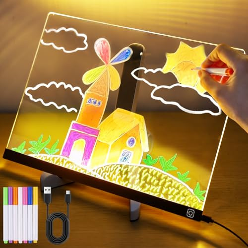 LED Notiztafel mit Farben: Acryl Notiztafel mit 7 Farben Stift, 30x20CM Leuchtende Schreibtafel LED Maltafel Kinder, Leuchtendes Zeichenbrett, Nachrichtentafel Mit Verstellbarem Ständer, Abwischbar