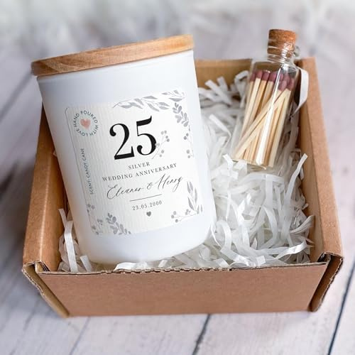 Pomchick - 25th Silver Wedding Anniversary Candle Personalised Gift for Couples with Names Date 25 Years of Marriage Keepsake for Parents Grandparents