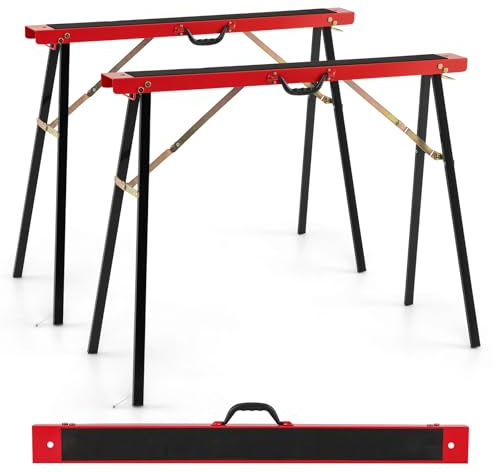 GOPLUS Sågbock set om 2, arbetsbocken som kan belastas upp till 375 kg, hopfällbara bockar med förborrade hål och halkfri stödyta, bärbara fällbara bokar med bärhandtag, 100 x 38 x 78 cm
