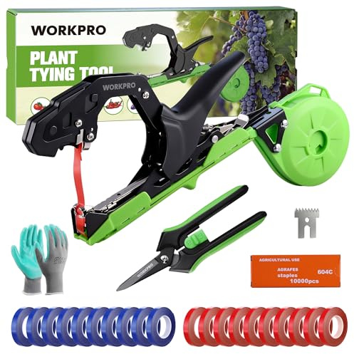 WORKPRO Plant Tying Machine with 6 Scissors, Lightweight Tape Gun for Tying Vines and Support Plant, Includes Gloves, 20 Rolls of Tape, 10000 Staples, Ideal for Tomatoes, Grapes, Cucumber, Vegetables